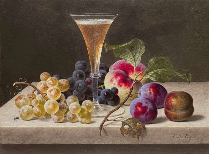 Still life with grapes, peach, plums and a Champagne flute